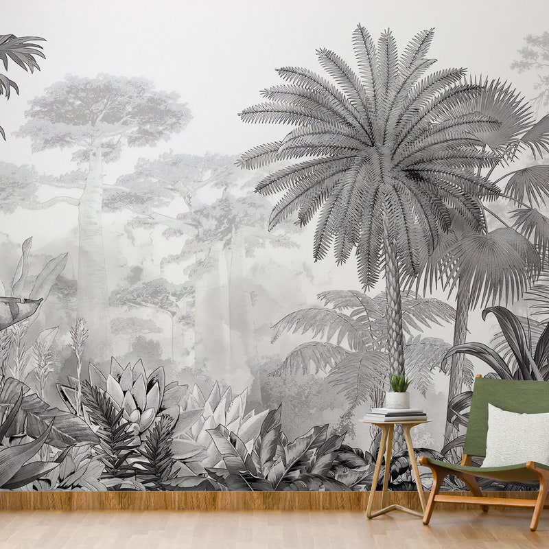 Jungle Wallpaper Black & White Etsy UK