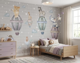 Safari Hot Air Balloon Wallpaper, Baby Animal Nursery Wall Mural, Elephant Zebra Lion Design Kids Room Wall Decor