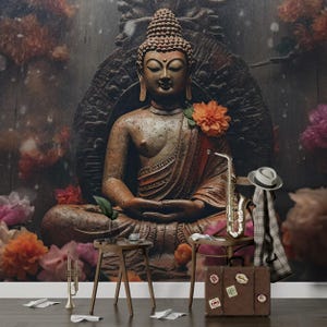 Golden Buddha Wallpaper - Buddha Sculpture and Flowers Hindu Wallpaper - Buddha Statue Wallpaper - Meditating Wall Mural