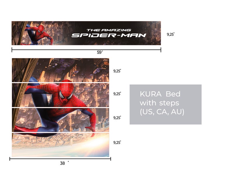 K&ouml;nnte beinhalten: Ein KURA-Bett mit Stufen zeigt einen roten und blauen Spider-Man-Charakter. Das Bett ist 96,5 cm breit und 150 cm lang. Die Stufen sind jeweils 23,5 cm hoch. Das Bett ist f&uuml;r Kinder geeignet und in den USA, Kanada und Australien erh&auml;ltlich.