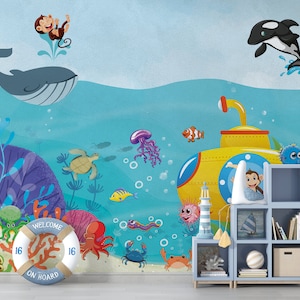 子供向けの海の壁紙、取り外し可能な自己粘着性の海をテーマにした保育園用壁画、プレイルーム用の剥がして貼る壁紙