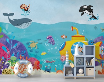 Under the Sea Wallpaper for Kids , Removable Self Adhesive Sea Themed Wall Mural for Nursery , Peel and Stick Wallpaper for Playroom