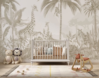 Kids Safari Jungle Animals Wallpaper , Peel and Stick Giraffe Nursery Mural , Kids Jungle Themed Wallpaper , Removable Baby Room Wallpaper