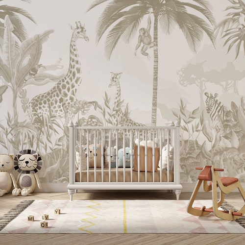 Kinder Safari Dschungel Tiere Tapete, Schälen und Aufkleben Giraffe Kinderzimmer Wandbild, Tropische Themed Wanddekoration, Abnehmbare Babyzimmer Wandverkleidung