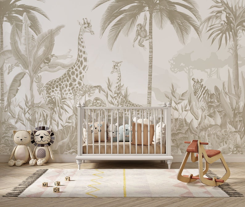 Kids Safari Jungle dieren behang, Peel en Stick Giraffe kwekerij muurschildering, Kids Jungle thema behang, verwisselbare babykamer behang afbeelding 1