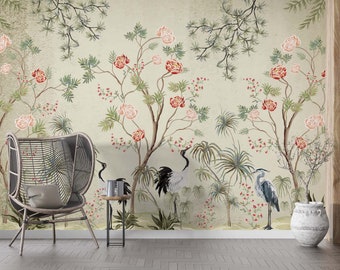 Kraan thema behang- Peel en Stick-Floral Chinoiserie muur muurschildering - rozen en vogels verwisselbare muurschildering