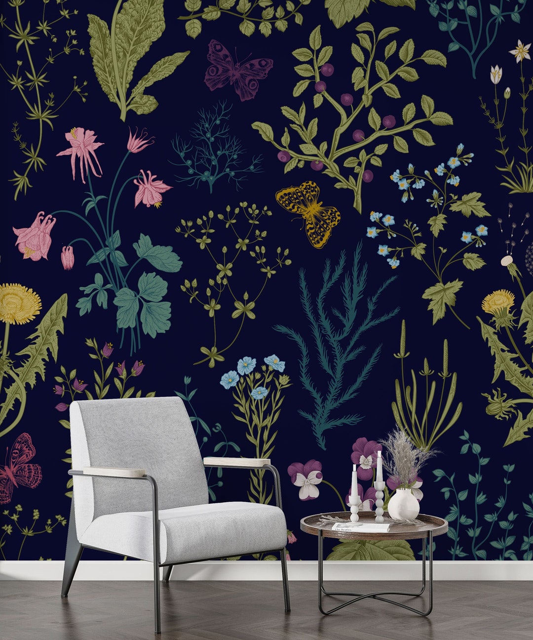 Navy Blue Background Floral Wallpaper , Peel and Stick Colorful Flowers