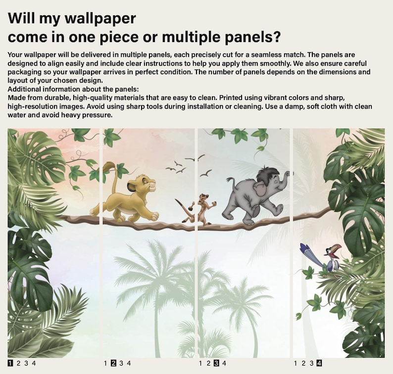 Puede incluir: Un mural de papel tapiz de cuatro paneles con una escena de la selva con un cachorro de le&oacute;n, una suricata y una cr&iacute;a de elefante caminando sobre una rama. El texto dice: Will my wallpaper come in one piece or multiple panels? Incluye instrucciones.