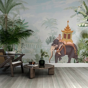India Elephants and Plants Wallpaper - Indian Art Elphant and Palms Mural  - Removable Vintage Wallpaper