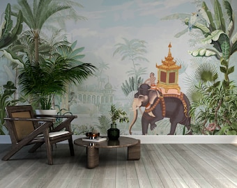 India Elephants and Plants Wallpaper - Indian Art Elphant and Palms Mural  - Removable Vintage Wallpaper