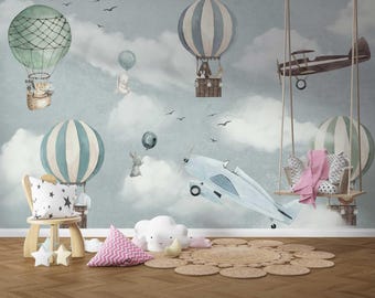 Kinderbehang heteluchtballon – Muurschildering vliegtuig kinderkamer met schattige dieren en wolken – Decor thema lucht babykamer