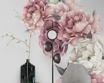 Large Floral Wall Decal, Peony Flower Wall Sticker, Peel and Stick Floral Decor for Living Room Bedroom Nursery