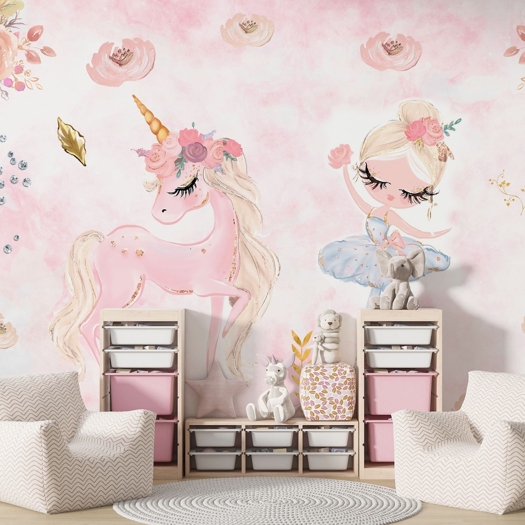 Unicorn and Ballerina Wall Mural Floral Nursery Girls Room Customizable