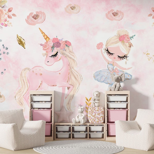 Unicorn and Ballerina Wall Mural- Floral Nursery Girls Room - Customizable Nursery Decor- Lotus Flower Wallpaper- Custom-Personalized Gifts