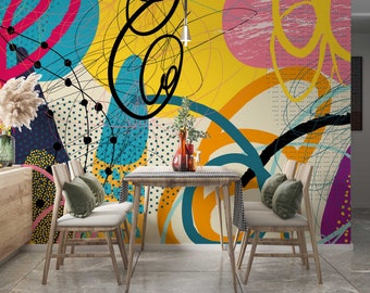 CARTA DA PARATI CON GRAFFITI COLORATI, Carta da parati murale con arte astratta colorata, Carta da parati con illustrazioni per camera da letto, Poster con decorazione da parete artistica