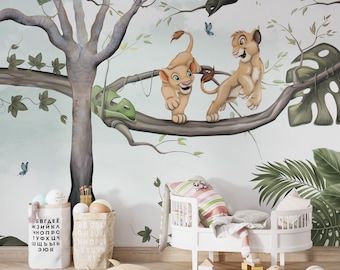 Lion King Themed Wallpaper for Kids Room-Leon Family Mural-Sweed Animal Design Wallpaper for kid room