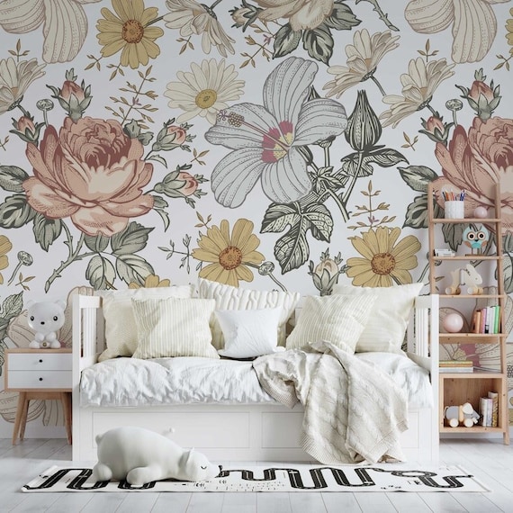 Watercolor Flowers Nursery Wallpaper - Peel and Stick Mural for Bedroom - Vintage Pastel Boho Flowers Wallpaper - Baby Room Mural