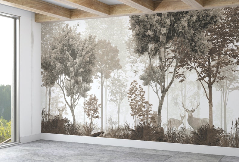 Scandinavian Forest Wallpaper, Peel and Stick Removable Jungle Animals Wall Mural ,Sepia Vintage Wallpaper for Bedroom Wall Decor image 2