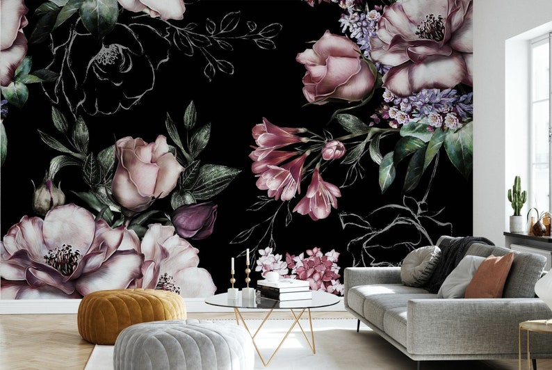 Dark Floral Wallpaper Peel and Stick | Dutch Floral Wall Mural ...