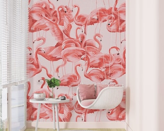 Flamingos Tropical Wallpaper Peel and Stick , Exotic Animal Mural , Pink Flamingos Removable Walpaper , Bedroom Wall Mural