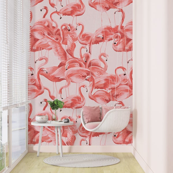 Flamingos Tropical Wallpaper Peel and Stick , Exotic Animal Mural , Pink Flamingos Removable Walpaper , Bedroom Wall Mural