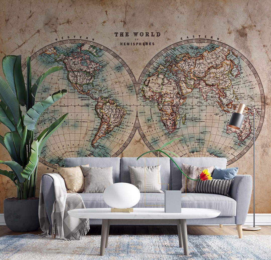 Vintage World Map Wallpaper- Vintage Wallposter- Educational Mural ...