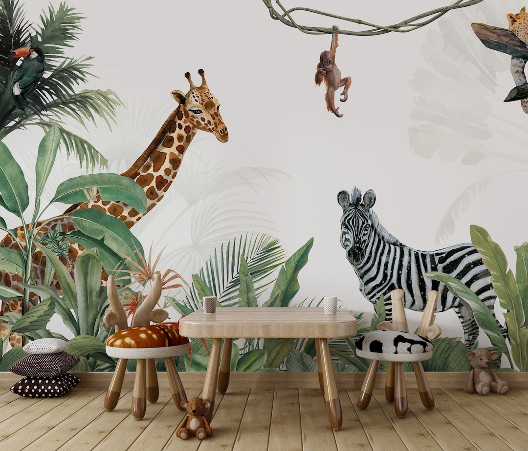 Tropical Wallpaper Nursery Room Decor - Peel and Stick - Giraffe Zebra ...