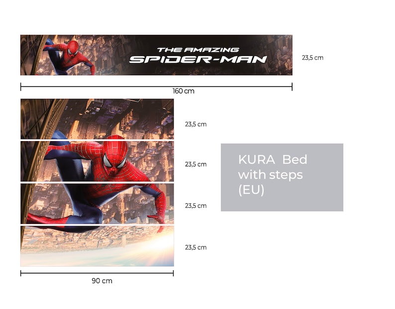 K&ouml;nnte beinhalten: Ein KURA-Bett mit Stufen, das mit einem Spiderman-Motiv verziert ist. Das Bett ist 90 cm breit und 160 cm lang. Die Stufen sind jeweils 23,5 cm hoch.