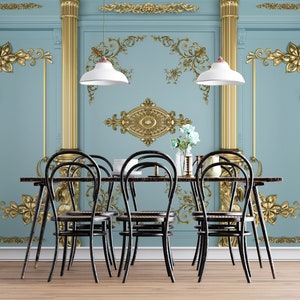 May include: A dining room with a blue and gold wallpaper featuring ornate columns and floral designs. A dark wood table with six black chairs is in the center of the room.