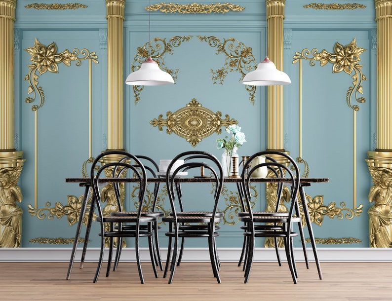 May include: A dining room with a blue and gold wallpaper featuring ornate columns and floral designs. A dark wood table with six black chairs is in the center of the room.