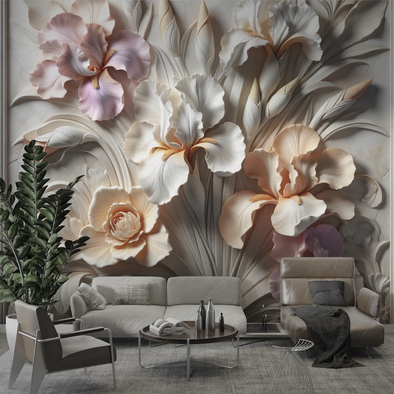 May include: A wall mural featuring large, three-dimensional sculpted iris flowers in shades of soft pink, cream, and white. The floral design displays intricate petal textures and layered foliage, creating a relief effect against a neutral background.