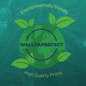 May include: Green globe with the text "WALLPAPERPERFECT" inside a circle, surrounded by green leaves. The text "Environmentally friendly" is above the globe and "High Quality Prints" is below the globe. The background is a teal green.
