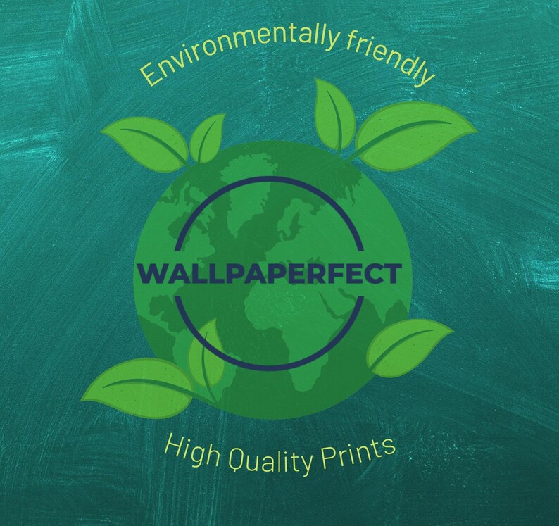 May include: Green globe with the text "WALLPAPERPERFECT" inside a circle, surrounded by green leaves. The text "Environmentally friendly" is above the globe and "High Quality Prints" is below the globe. The background is a teal green.