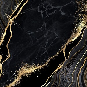 May include: A digital graphic design featuring a black marble texture with flowing, wavy lines in shades of dark grey and black, accented by shimmering gold veins and scattered gold glitter particles that create a high-contrast, abstract pattern.