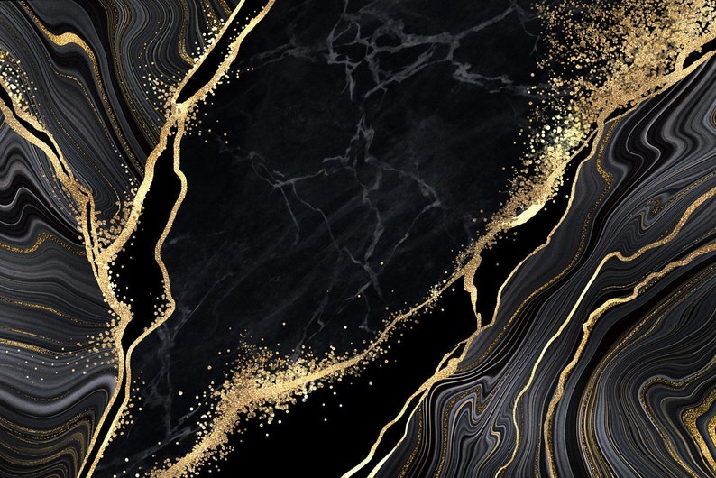 May include: A digital graphic design featuring a black marble texture with flowing, wavy lines in shades of dark grey and black, accented by shimmering gold veins and scattered gold glitter particles that create a high-contrast, abstract pattern.