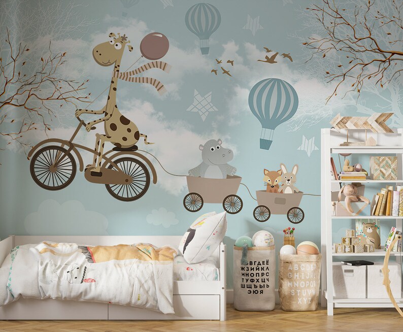 ANIMALS RIDING BIKE Wallpaper Nursery Room Decor Peel and | Etsy