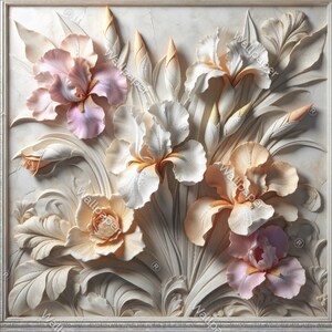 May include: A square wall art piece featuring a high-relief sculpture of iris flowers in shades of soft pink, cream, and white. The textured floral arrangement includes several blooming irises and closed buds set against a marble-like background.