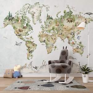Fondo de pantalla del mapa del mundo para la habitación de los niños, mural de la pared del mapa educativo de la guardería, papel pintado de los niños de Peel and Stick, fondo de pantalla para la guardería