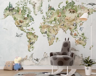 World Map Wallpaper for Kids Room , Nursery Educational Map Wall Mural  , Peel and Stick Kids Wallpaper , Wallpaper for Nursery