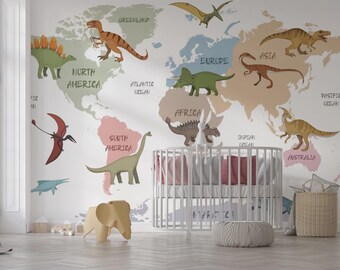 Dinosaur World Map Kids Wallpaper – Educational Wall Mural for Boys & Girls Room, Colorful Prehistoric Nursery Decor
