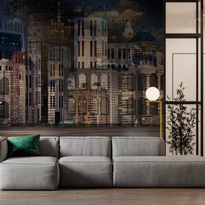 City skyline wallpaper mural with modern buildings | Removable self adhesive wall art | Urban cityscape design | Nonwoven textured wallpaper |