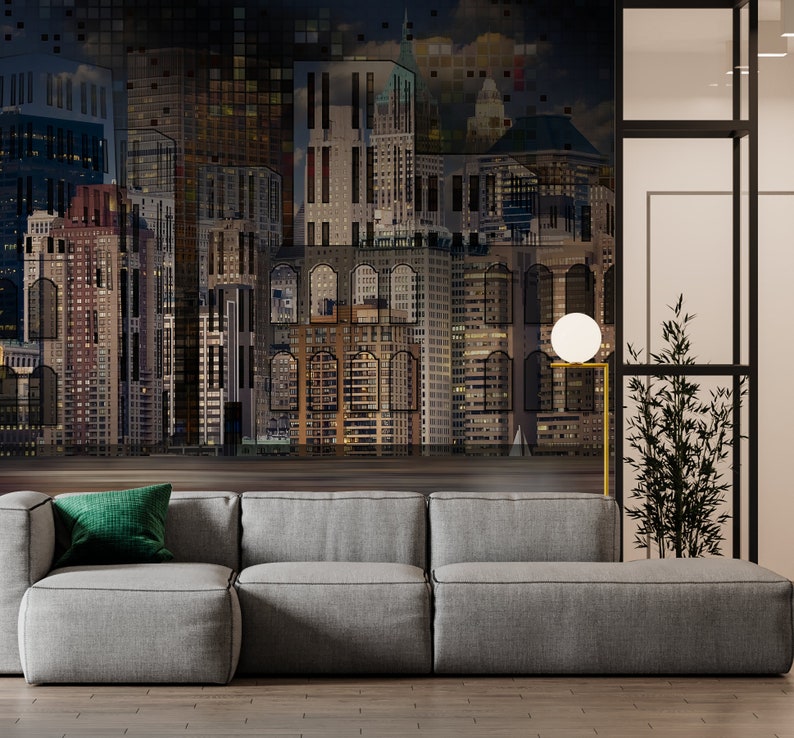 City skyline wallpaper mural with modern buildings | Removable self adhesive wall art | Urban cityscape design | Nonwoven textured wallpaper |
