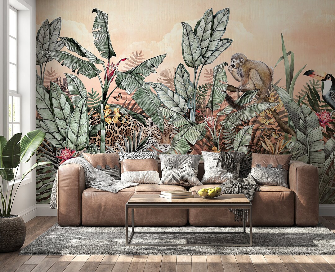 Tropic Jungle Animals and Leaves Peel and Stick Wallpaper Exotic Rain