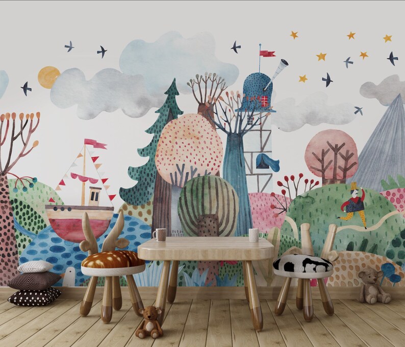 Fairytale Themed Wallpaper for Kids , Watercolor Castle ,ship Wall ...