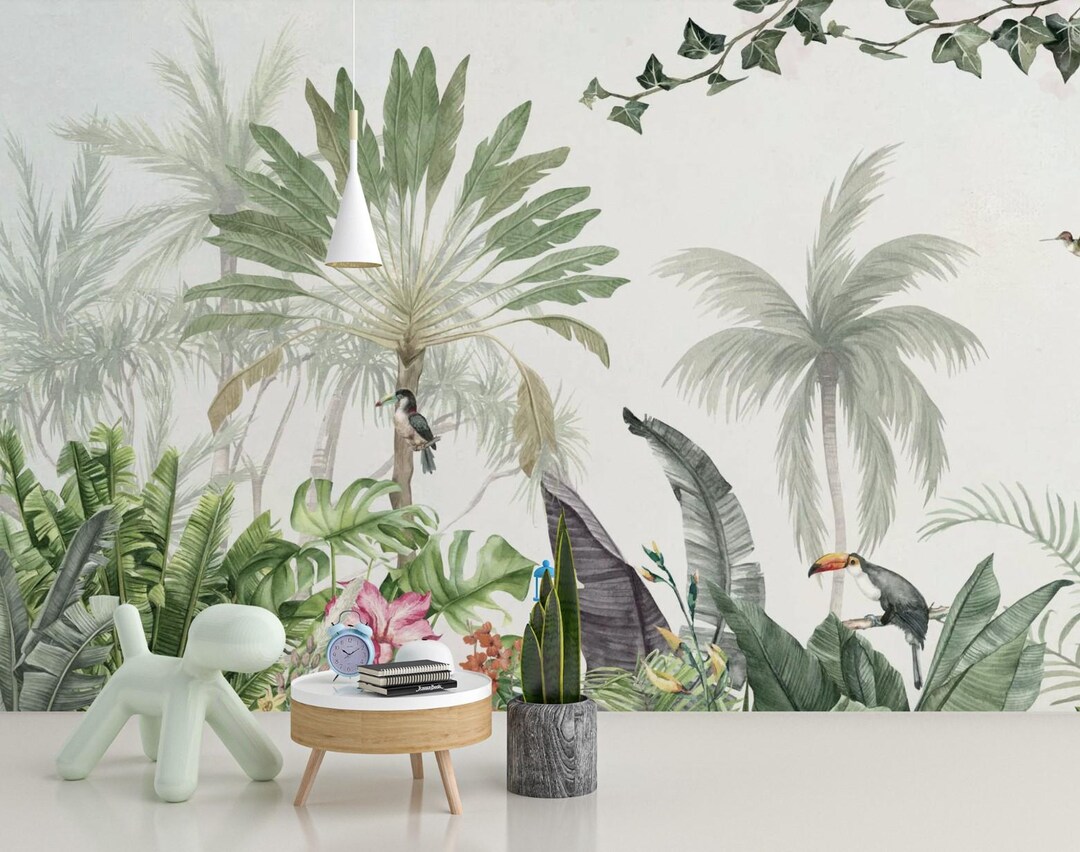 Tropical Jungle Wall Mural With Palm Trees and Birds Botanical Green ...