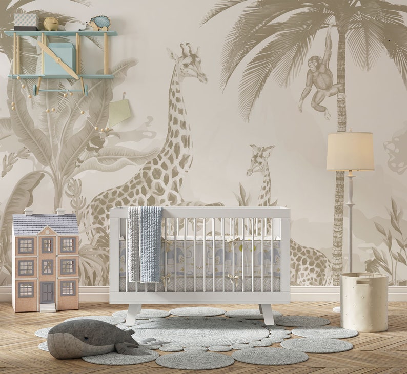 Kids Safari Jungle dieren behang, Peel en Stick Giraffe kwekerij muurschildering, Kids Jungle thema behang, verwisselbare babykamer behang afbeelding 3