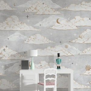 Clouds Baby Room Wallpaper , Light Blue Sky Themed Wall Mural , Baby Blue Peel and Stick Nursery Wallpaper image 4
