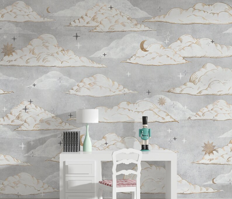Clouds Baby Room Wallpaper , Light Blue Sky Themed Wall Mural , Baby Blue Peel and Stick Nursery Wallpaper image 4