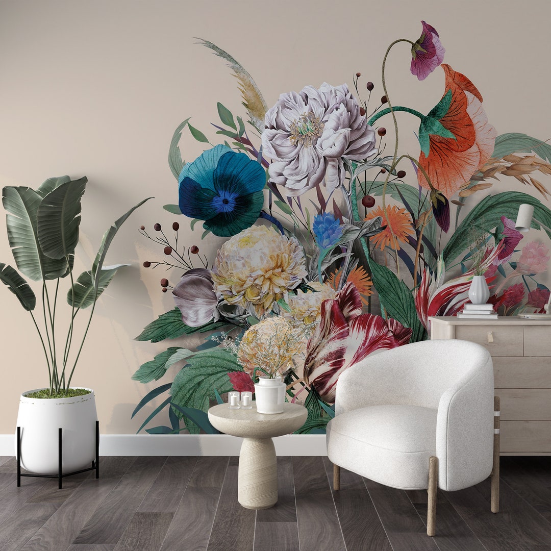 Large Colorful Floral Mural Wallpaper, Vibrant Botanical Wall Art With ...