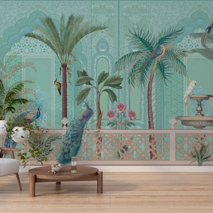 Papel pintado de pavos reales y palmeras - Mural de pared tropical chinoiserie colorido - Papel pintado turquesa despegable con pavos reales